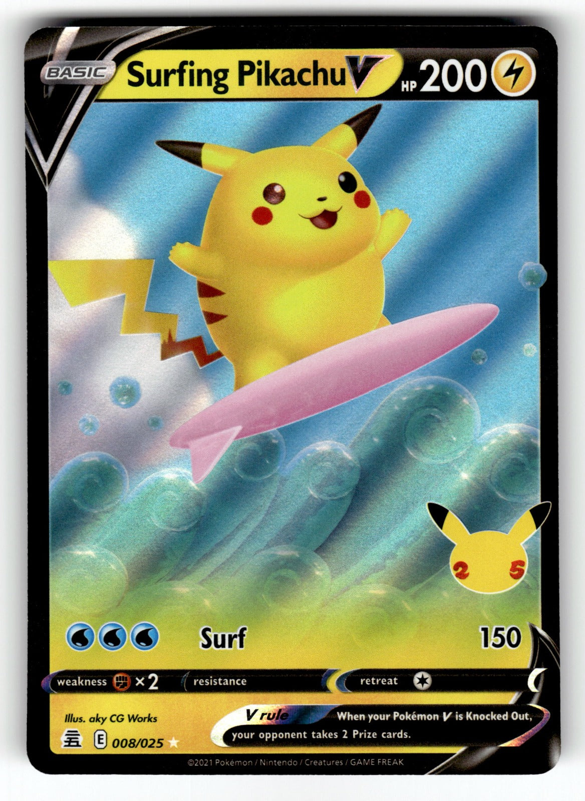 Surfing Pikachu V – 008/025 CLB: Celebrations Ultra Rare Holo NM