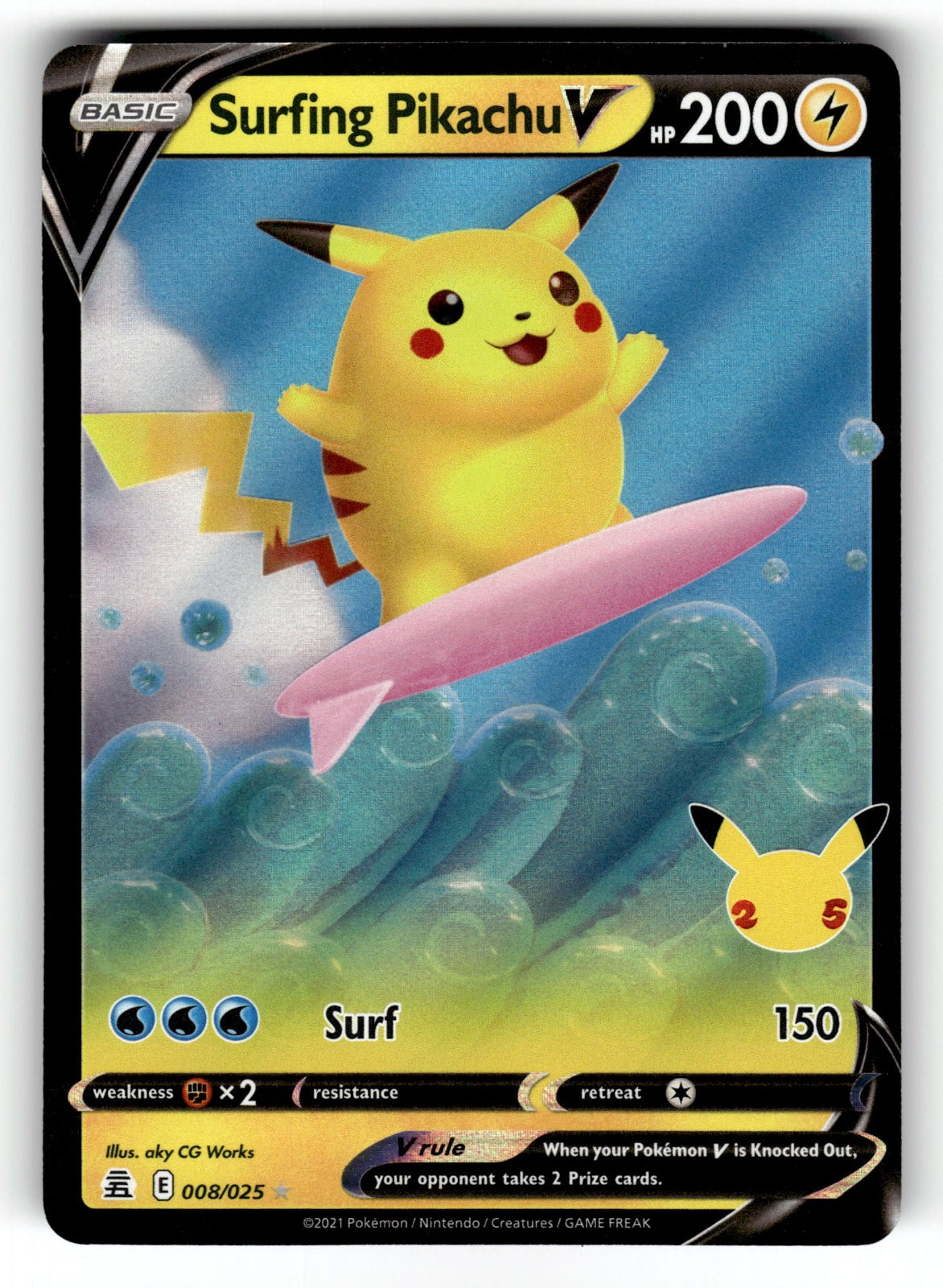 Surfing Pikachu V – 008/025 CLB: Celebrations Ultra Rare Holo NM