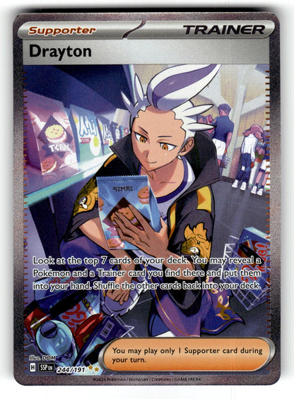 Drayton – 244/191 SSP: SV08: Surging Sparks Special Illustration Rare Holo NM