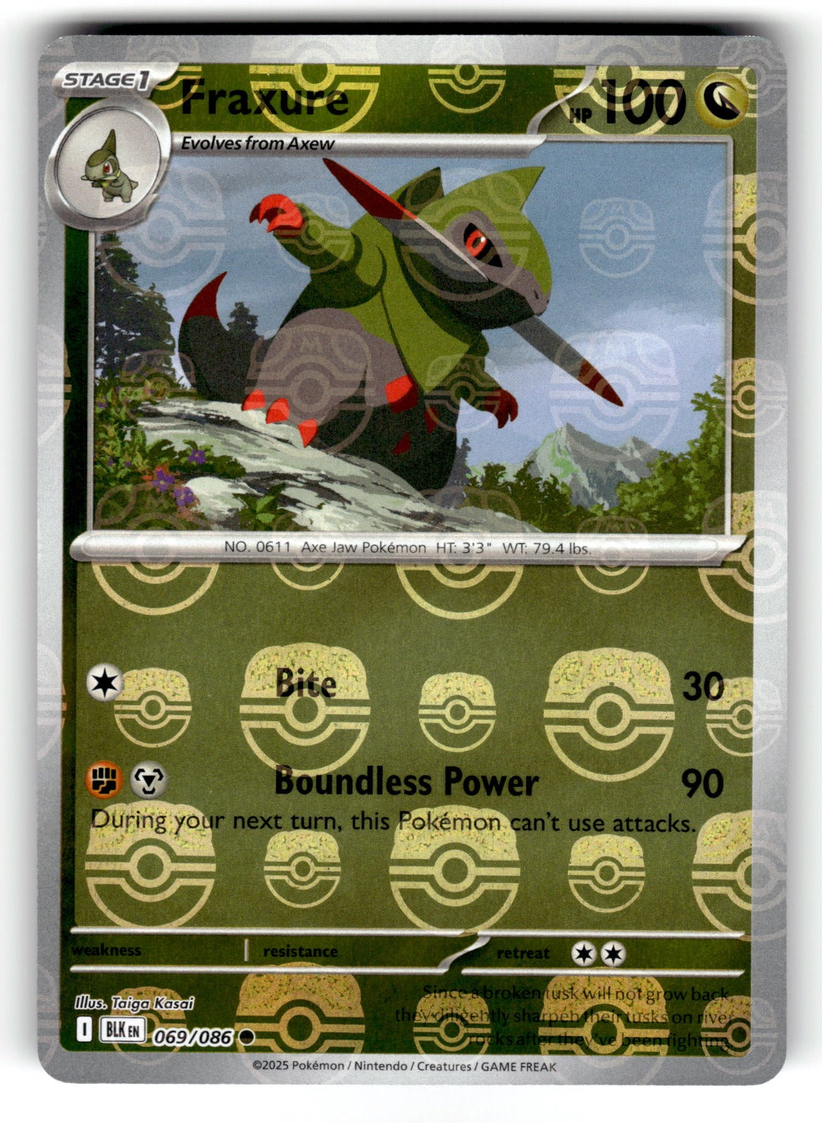 Fraxure (Master Ball Pattern) – 069/086 BLK: SV: Black Bolt Common HoloNM