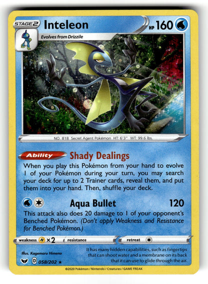 Inteleon (058) – 058/202 SWSH01: SWSH01: Sword & Shield Base Set Holo Rare NM