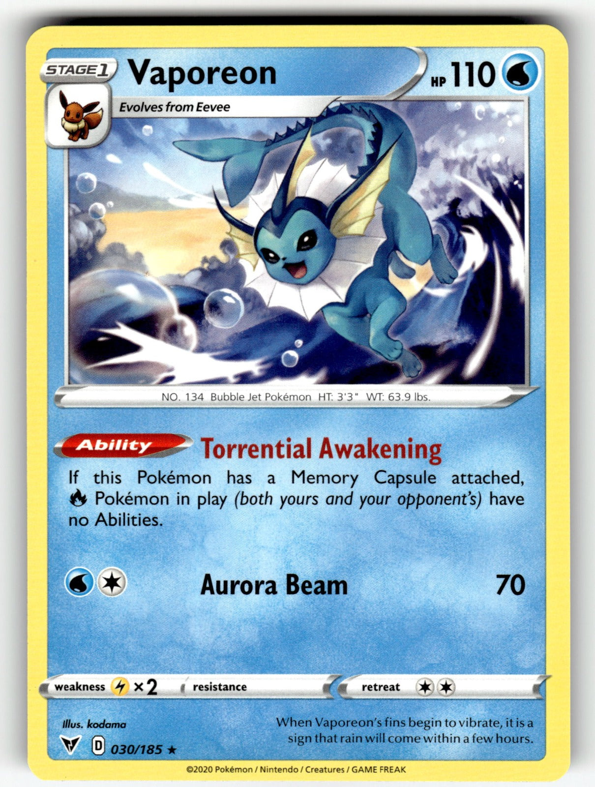 Vaporeon – 030/185 SWSH04: SWSH04: Vivid Voltage Rare NM