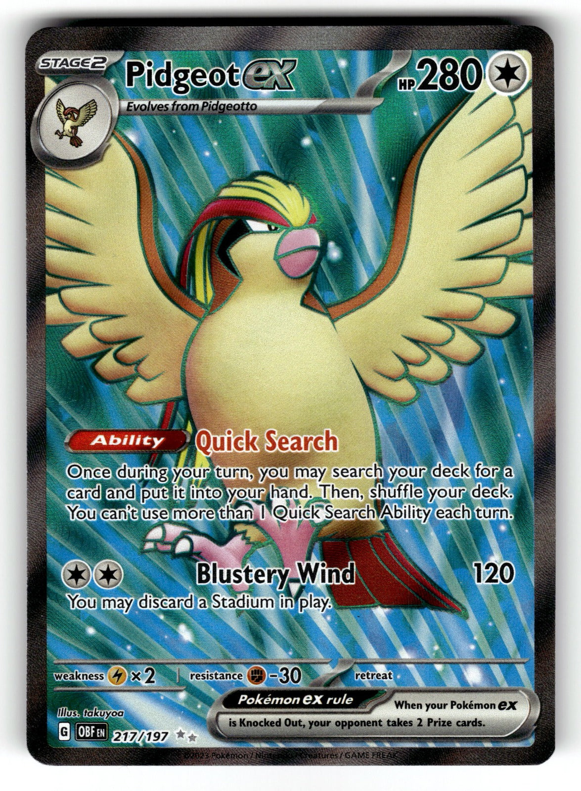 Pidgeot ex – 217/197 OBF: SV03: Obsidian Flames Ultra Rare HoloNM