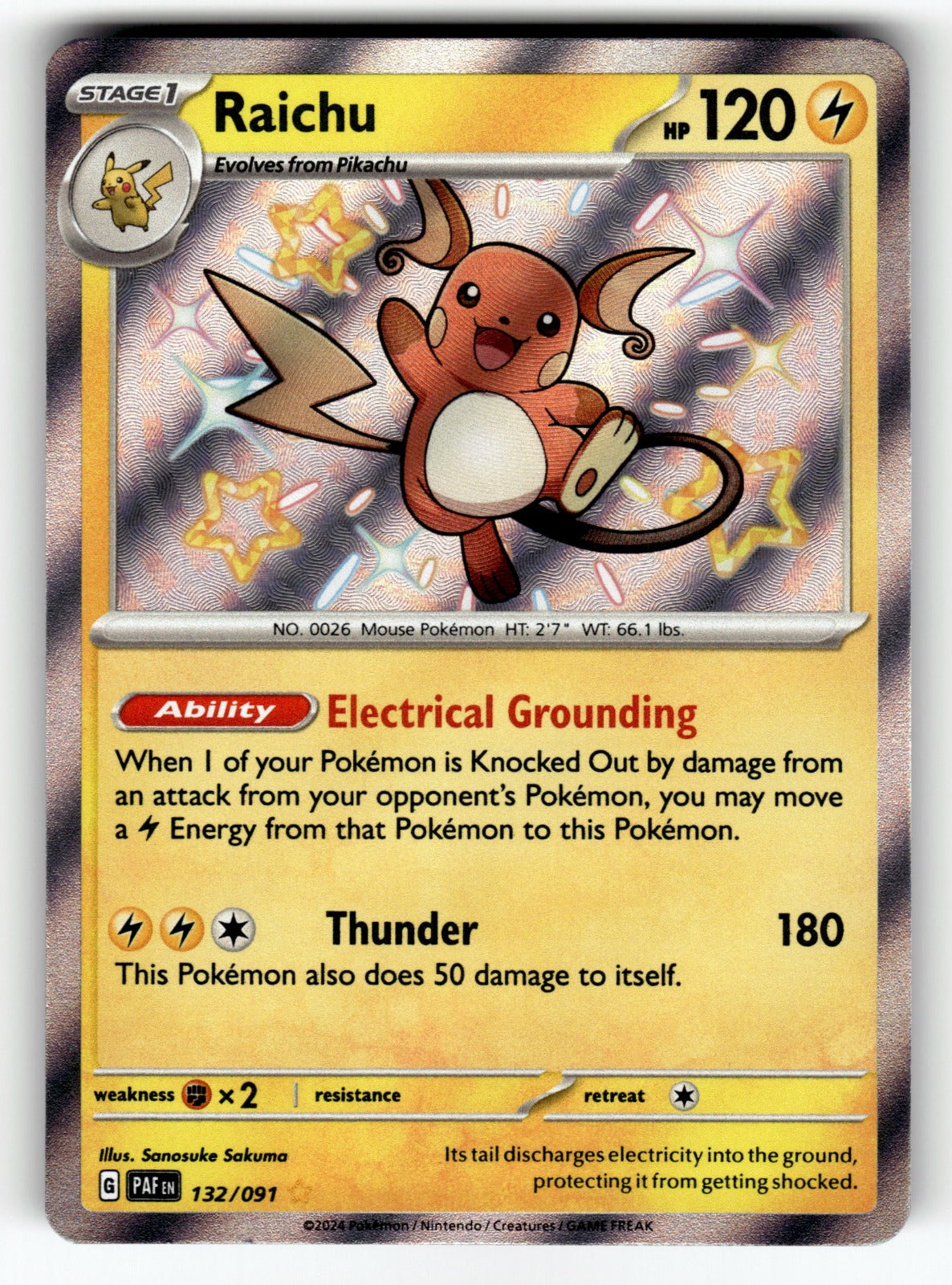 Raichu – 132/091 PAF: SV: Paldean Fates Shiny Rare HoloNM