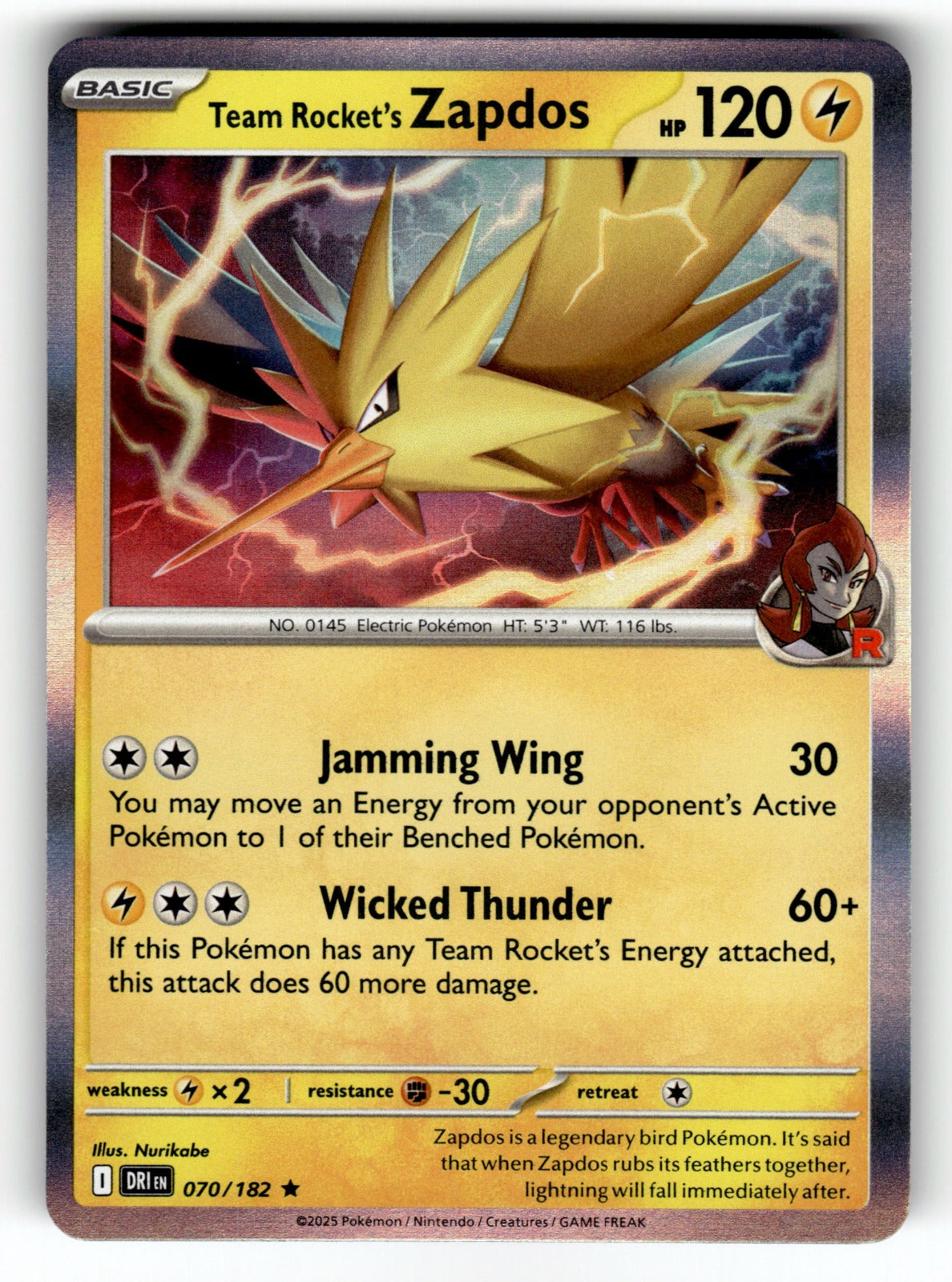 Team Rocket's Zapdos – 070/182 DRI: SV10: Destined Rivals Rare Holo NM