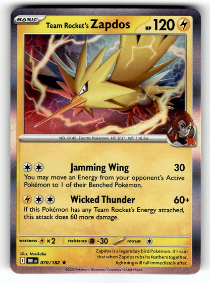 Team Rocket's Zapdos – 070/182 DRI: SV10: Destined Rivals Rare Holo NM