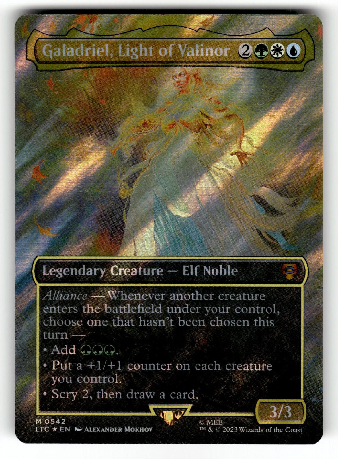Galadriel, Light of Valinor (Borderless) (Surge Foil) – 542 LTC: Commander: The Lord of the Rings: Tales of Middle-earth R Foil NM