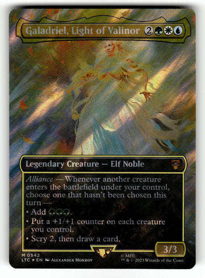 Galadriel, Light of Valinor (Borderless) (Surge Foil) – 542 LTC: Commander: The Lord of the Rings: Tales of Middle-earth R Foil NM