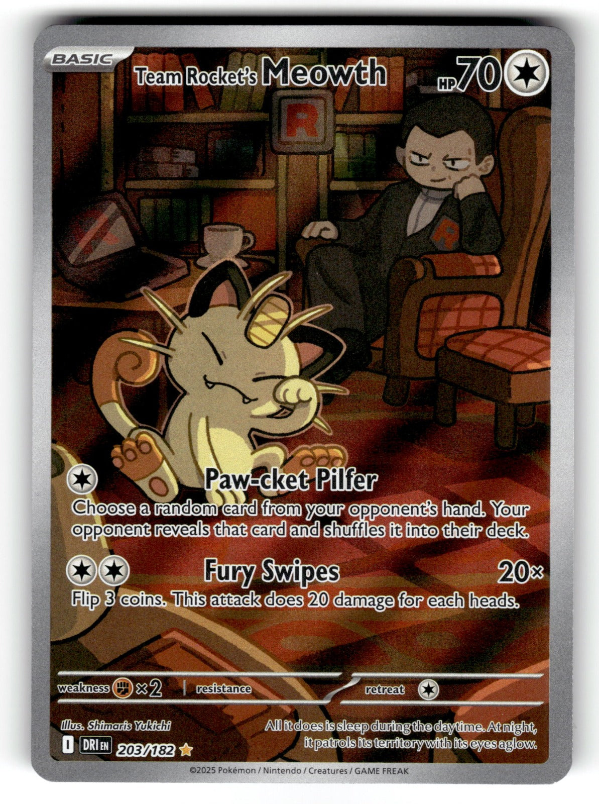 Team Rocket's Meowth – 203/182 DRI: SV10: Destined Rivals Illustration Rare HoloNM