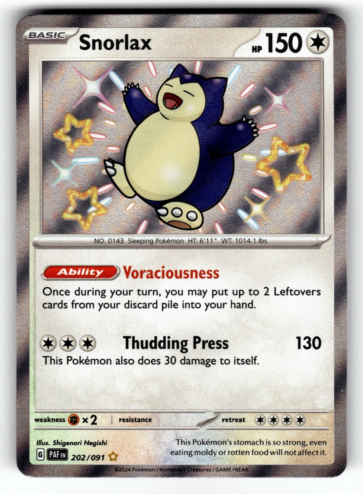 Snorlax – 202/091 PAF: SV: Paldean Fates Shiny Rare Holo NM