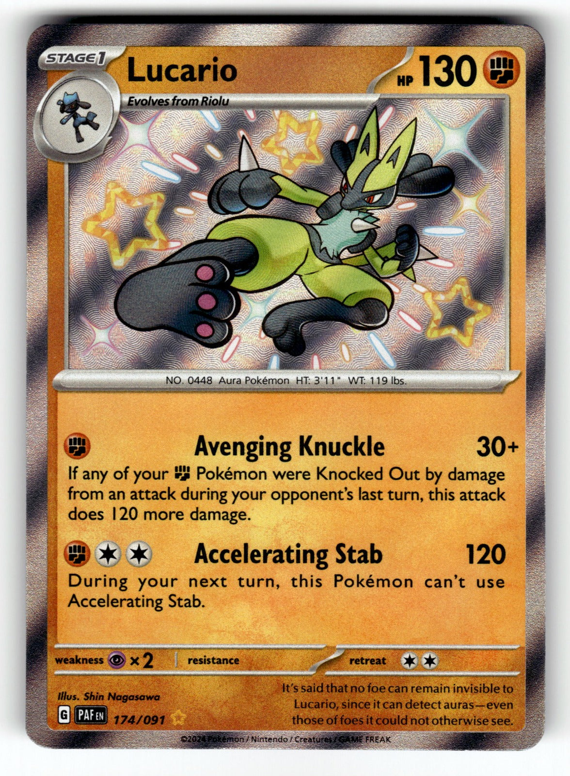 Lucario – 174/091 PAF: SV: Paldean Fates Shiny Rare Holo NM