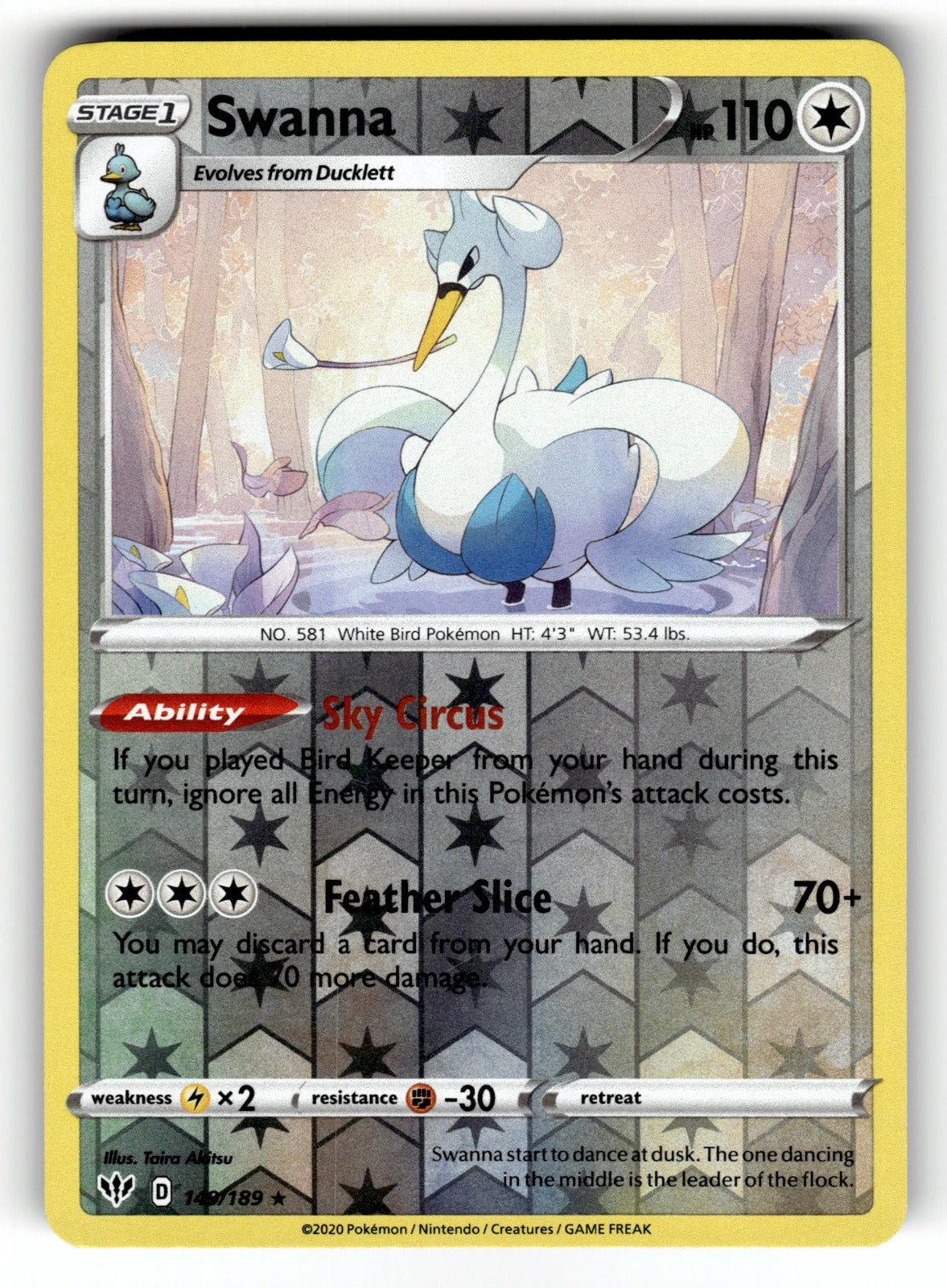 Swanna – 149/189 SWSH03: SWSH03: Darkness Ablaze Rare Reverse Holo NM