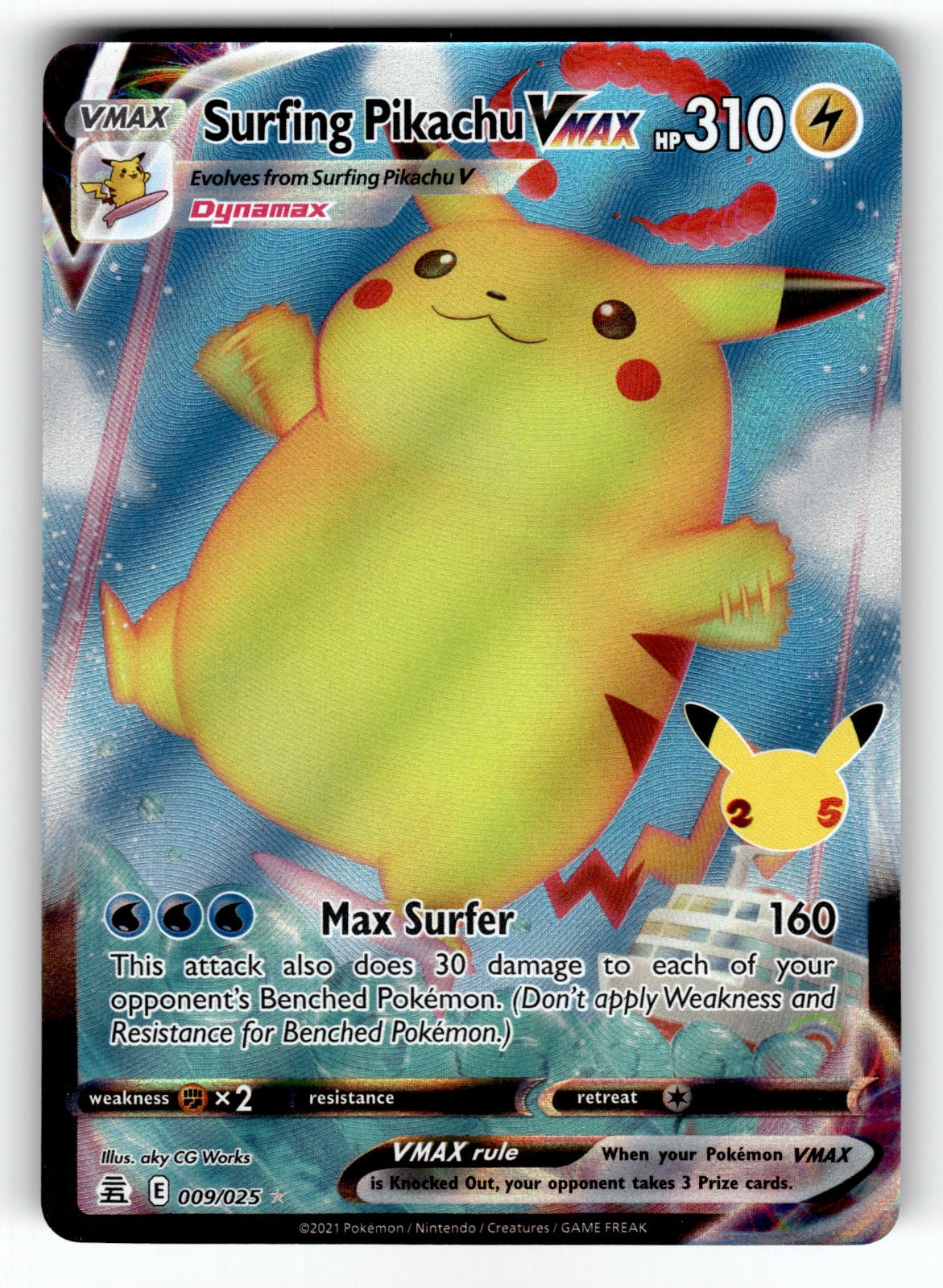 Surfing Pikachu VMAX – 009/025 CLB: Celebrations Ultra Rare Holo NM