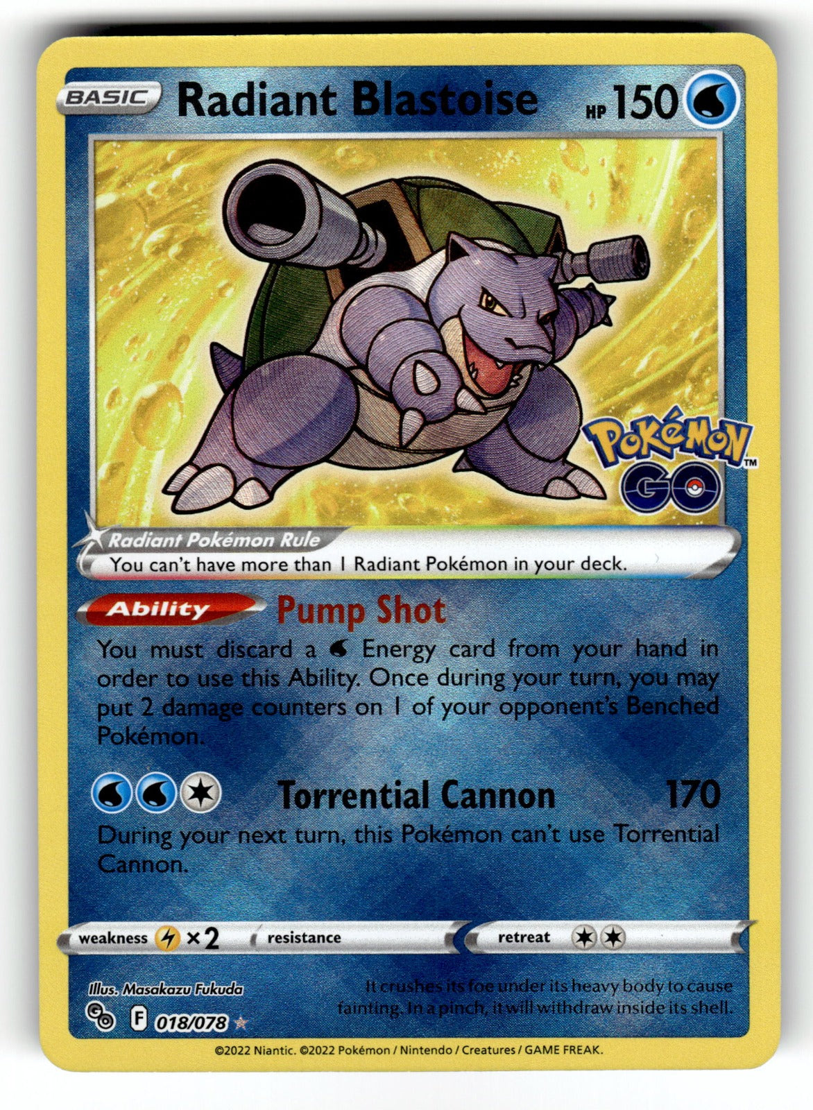 Radiant Blastoise – 018/078 PGO: Pokemon GO Radiant Rare Holo NM