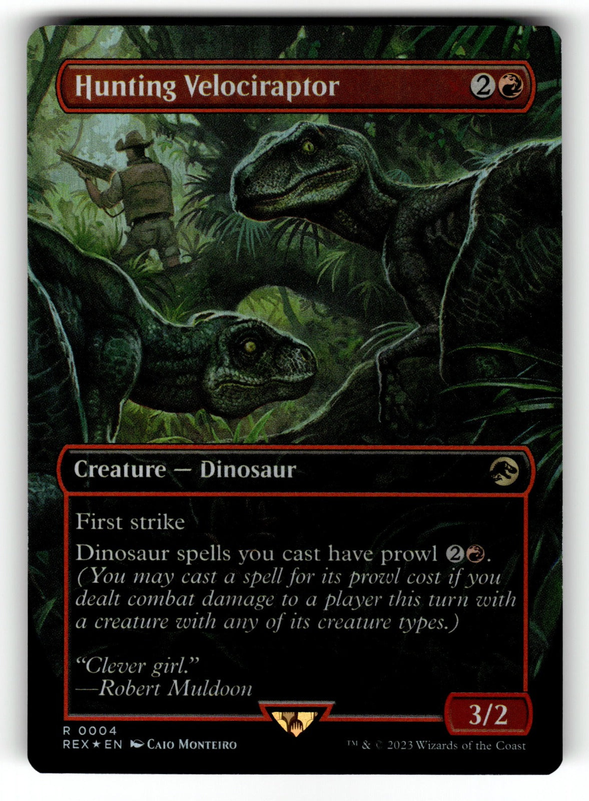 Hunting Velociraptor (Borderless) – 4 REX: Universes Beyond: Jurassic World Collection R Foil NM