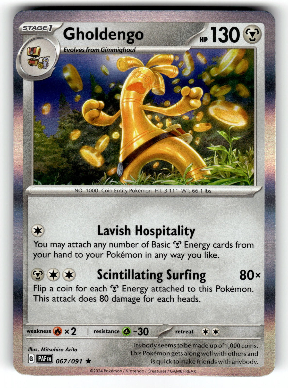 Gholdengo – 067/091 PAF: SV: Paldean Fates Rare Holo NM