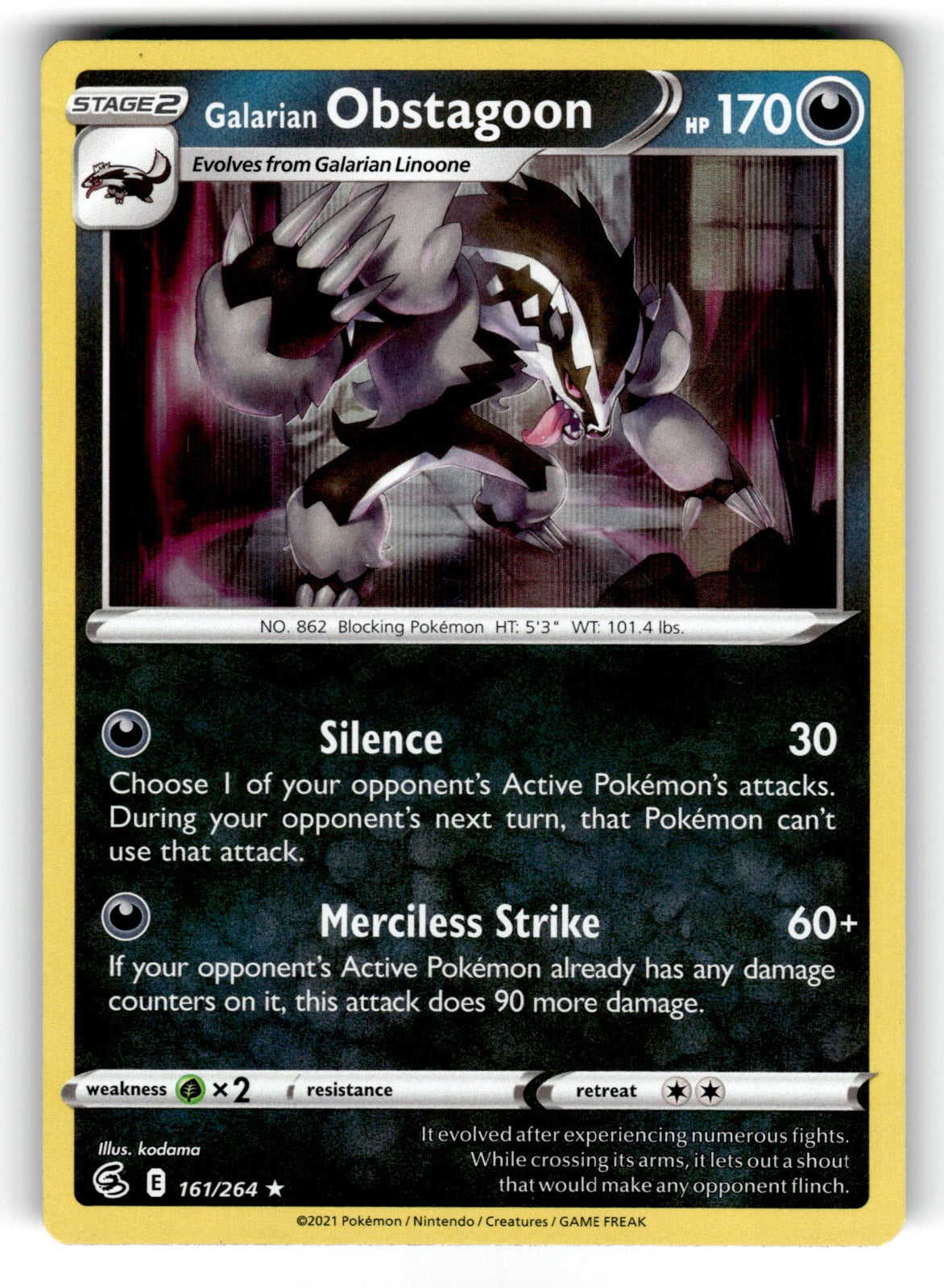 Galarian Obstagoon – 161/264 SWSH08: SWSH08: Fusion Strike Holo Rare NM