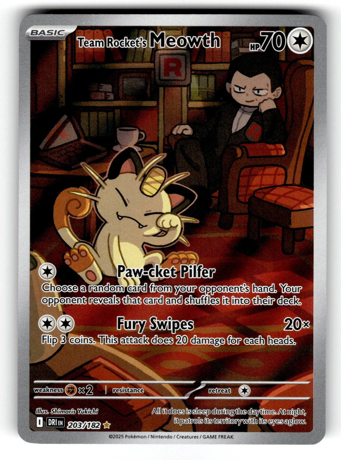 Team Rocket's Meowth – 203/182 DRI: SV10: Destined Rivals Illustration Rare HoloNM